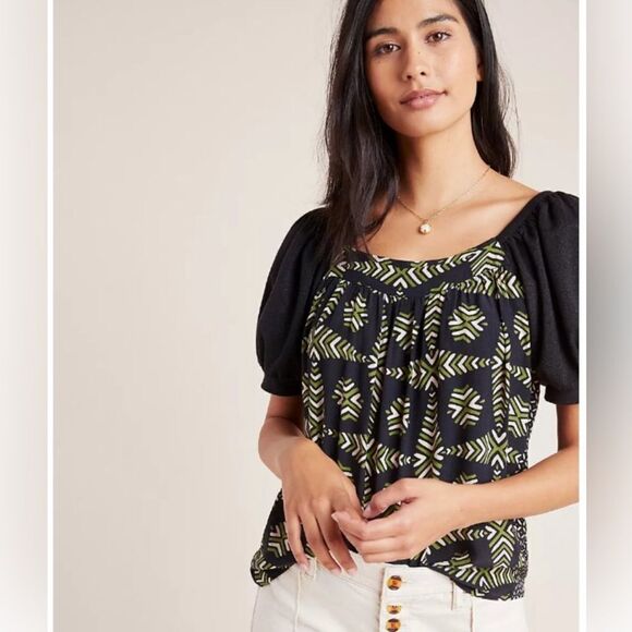 Anthropologie Maeve Catania Puff Sleeve Geometric Shift Top - Picture 1 of 10